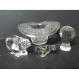 A collection of crystal animals and items. A Reismyre crystal owl on frosted base, a Haveland