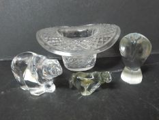 A collection of crystal animals and items. A Reismyre crystal owl on frosted base, a Haveland