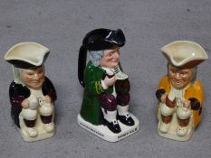 A collection of three antique ceramic toby jugs. H.18cm (tallest)