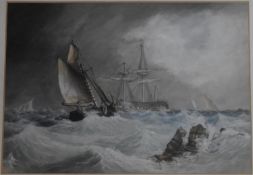 A 19th century framed and glazed watercolour, ships on a stormy sea H. 43 x 50cm