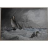 A 19th century framed and glazed watercolour, ships on a stormy sea H. 43 x 50cm