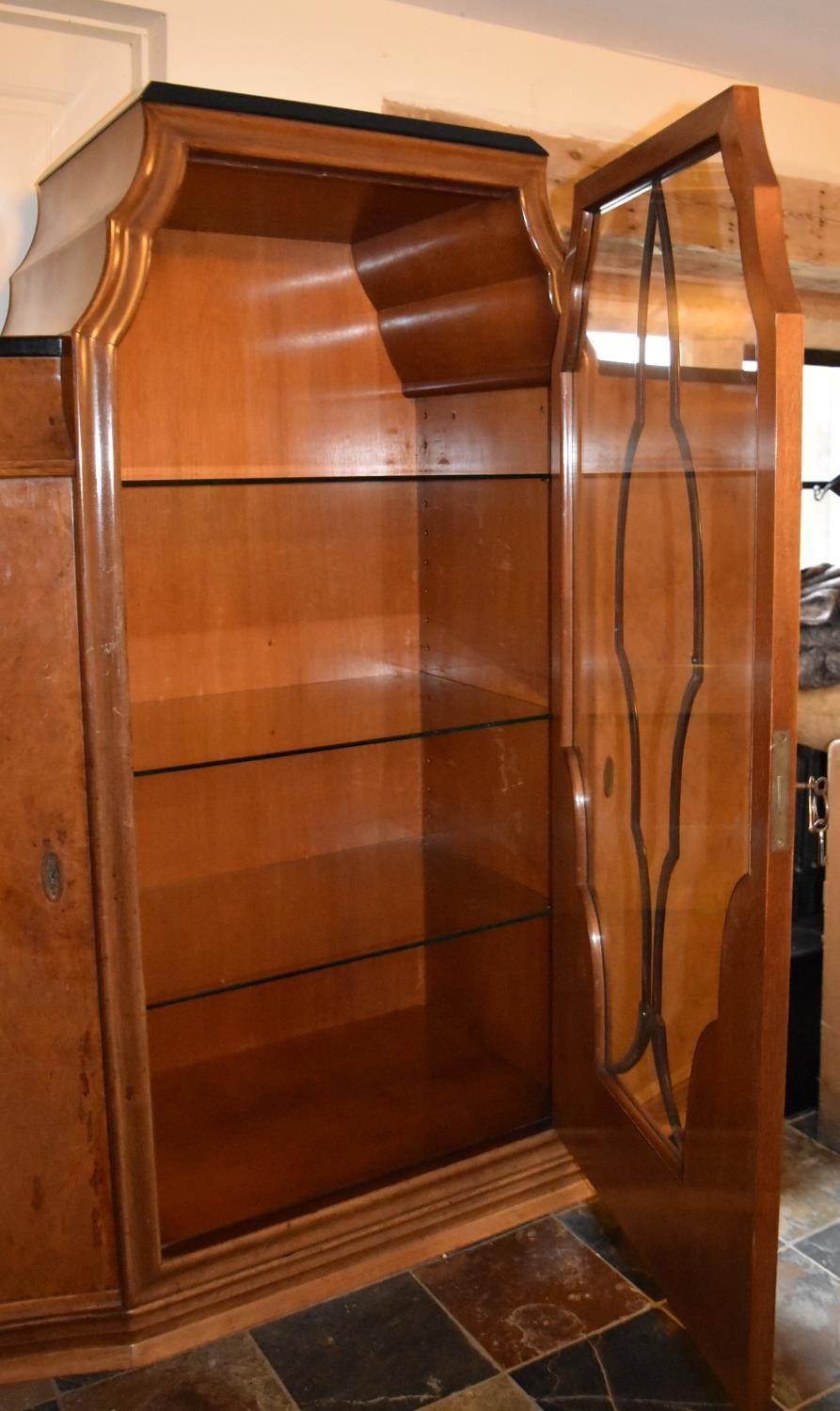 A Continental Art Deco burr walnut display cabinet fitted central astragal glazed section flanked by - Image 3 of 8