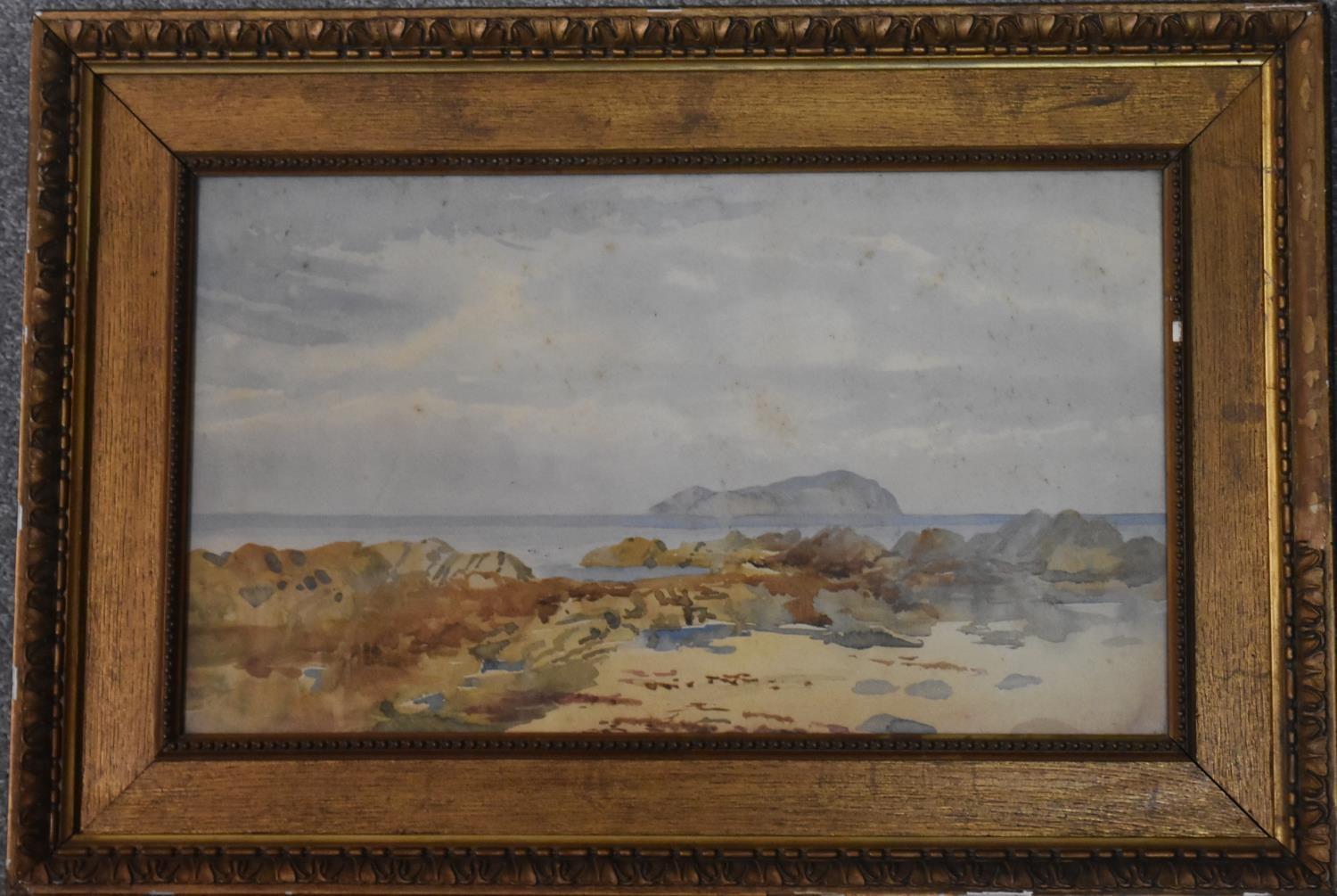 A framed and glazed watercolour of a rocky beach scene and two other framed and glazed watercolours. - Image 4 of 6