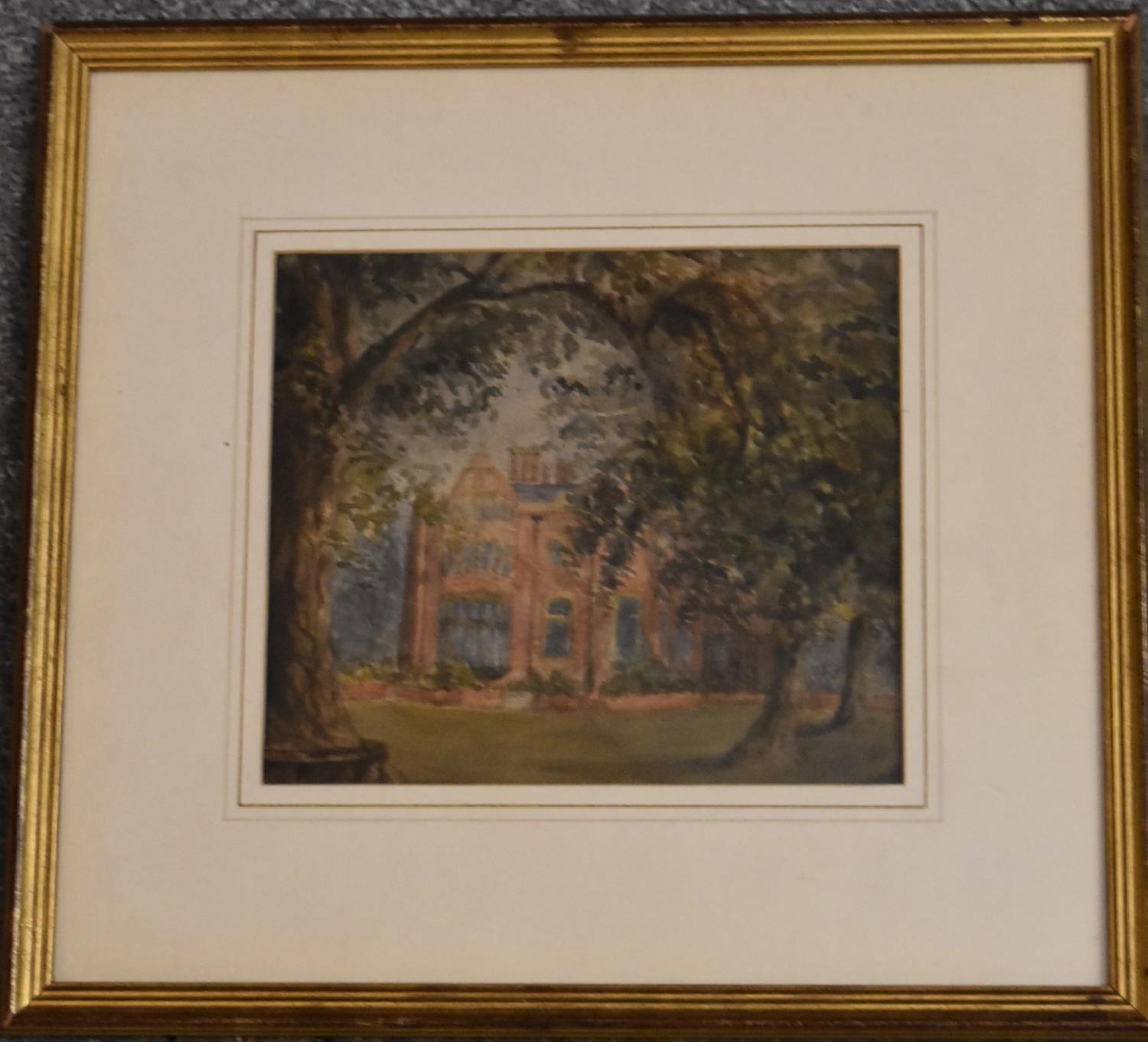A framed and glazed watercolour, country house through trees. H.30x34cm - Image 2 of 3