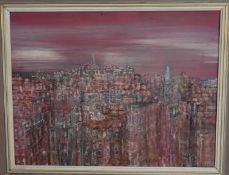 A framed oil on canvas laid on board, modernist cityscape, signed. H.50x58cm