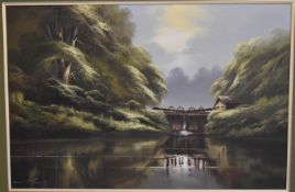 A 20th century framed oil on canvas, Continental lock and canal, indistinctly signed. H.74x104cm