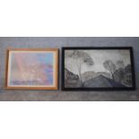 A framed oil on board, Earl's Court Rooftops by Sheila Aukett, label verso and a framed and glazed