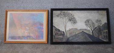 A framed oil on board, Earl's Court Rooftops by Sheila Aukett, label verso and a framed and glazed