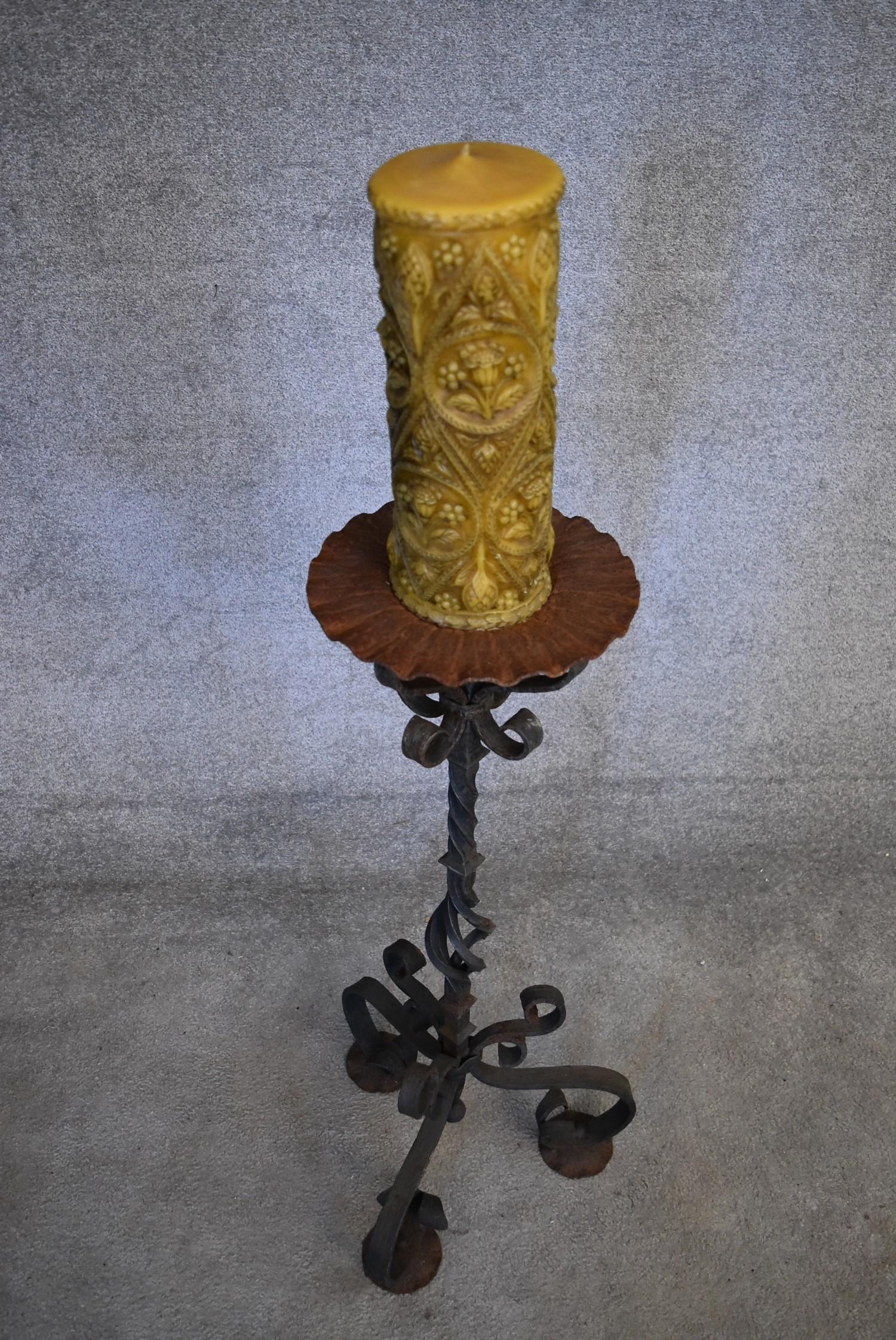 A wrought iron floor standing pricket candlestick and a turned wooden example. H.100cm - Image 2 of 6