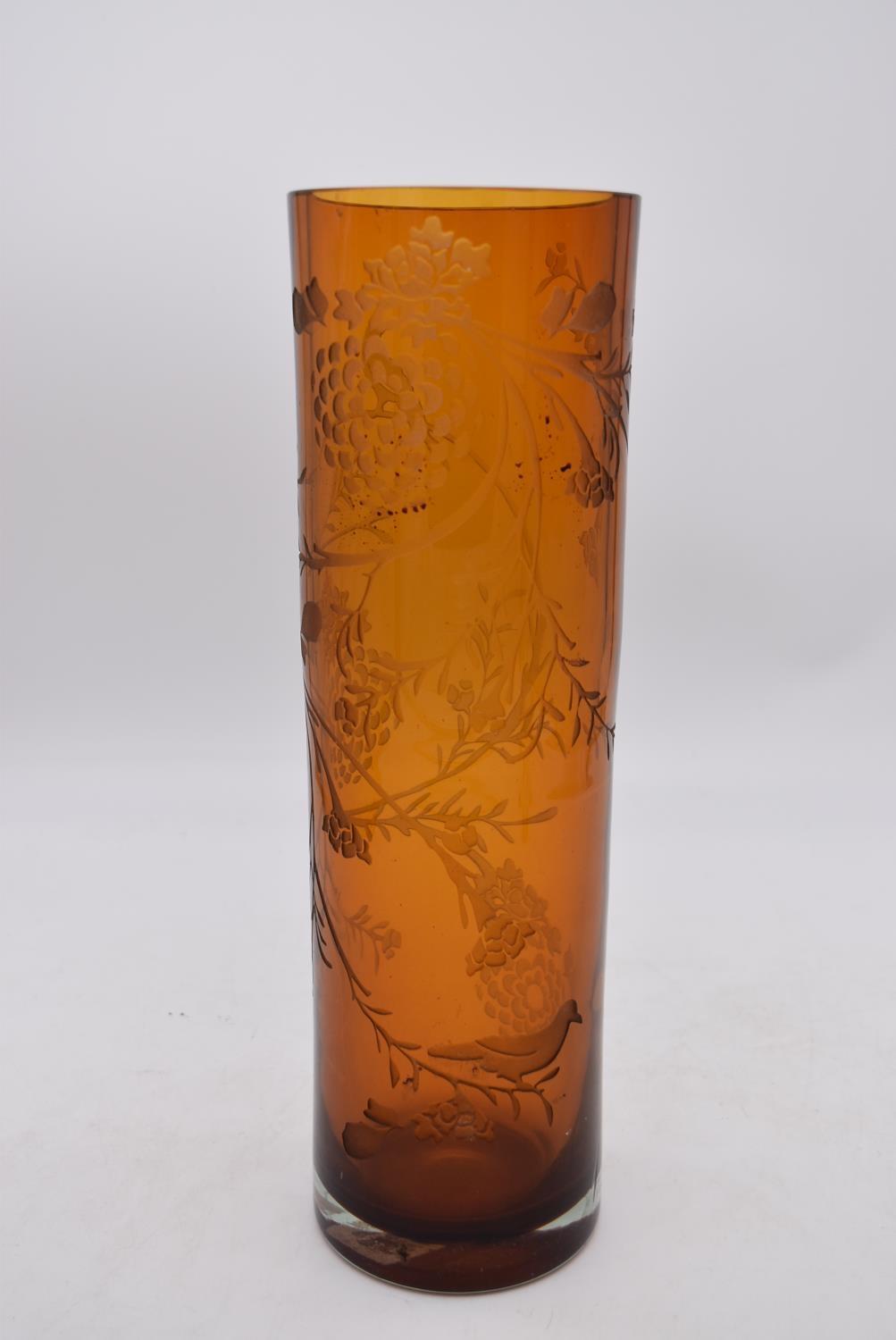 A Julien MacDonald amber glass cylindrical vase with allover etched bird and foliate decoration. H.