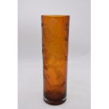 A Julien MacDonald amber glass cylindrical vase with allover etched bird and foliate decoration. H.