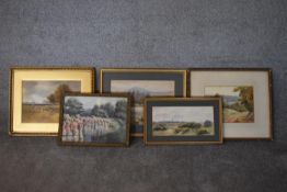 A collection of five various framed and glazed watercolours, riverscapes and landscapes. H.40x50cm