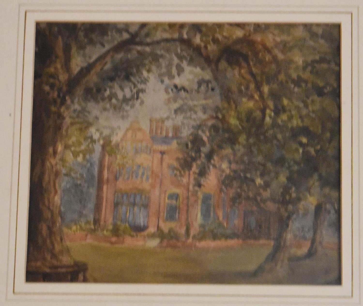 A framed and glazed watercolour, country house through trees. H.30x34cm