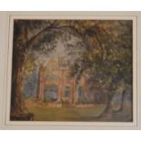 A framed and glazed watercolour, country house through trees. H.30x34cm