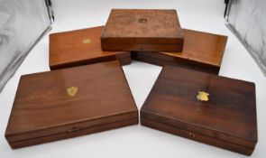 A miscellaneous collection of five 19th century cutlery boxes one to include silver plated and ivory