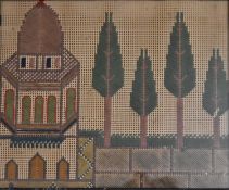 A framed and glazed tapestry, Eastern temple and trees. H.33x36cm