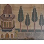 A framed and glazed tapestry, Eastern temple and trees. H.33x36cm