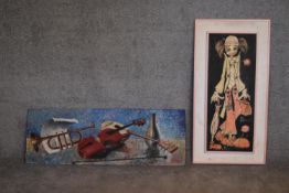 A 1970's vintage fgramed oil on board, stylized clown and an unframed oil on board, still life. Both