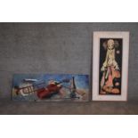 A 1970's vintage fgramed oil on board, stylized clown and an unframed oil on board, still life. Both