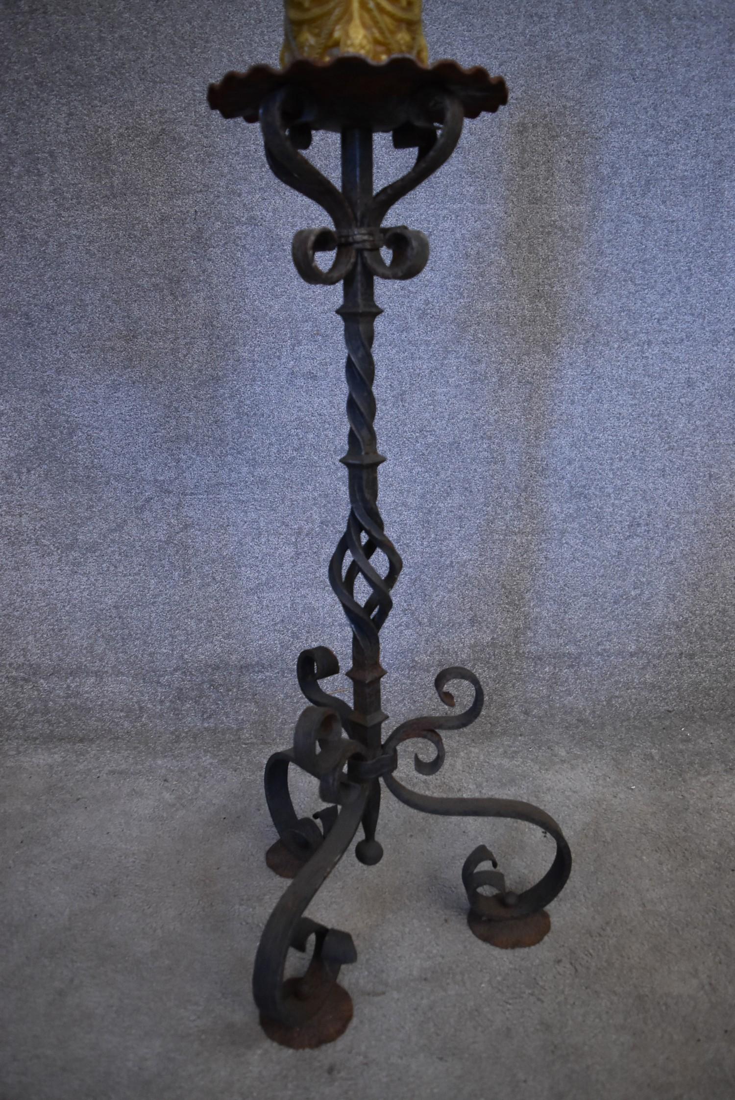 A wrought iron floor standing pricket candlestick and a turned wooden example. H.100cm - Image 4 of 6