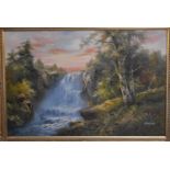 A 20th century framed oil on canvas, waterfall, signed. H.78x107cm