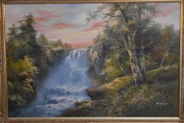 A 20th century framed oil on canvas, waterfall, signed. H.78x107cm