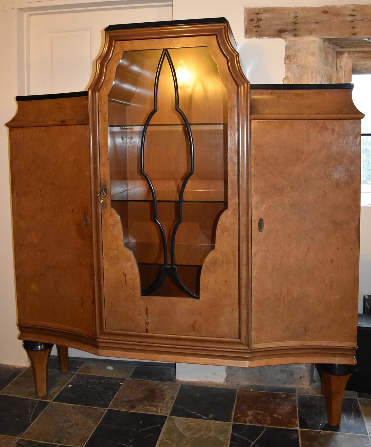 A Continental Art Deco burr walnut display cabinet fitted central astragal glazed section flanked by - Image 2 of 8