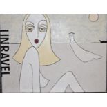 A large acrylic on canvas titled UNRAVEL, by Kylie Martin Wright. gallery label verso. H.93x122cm