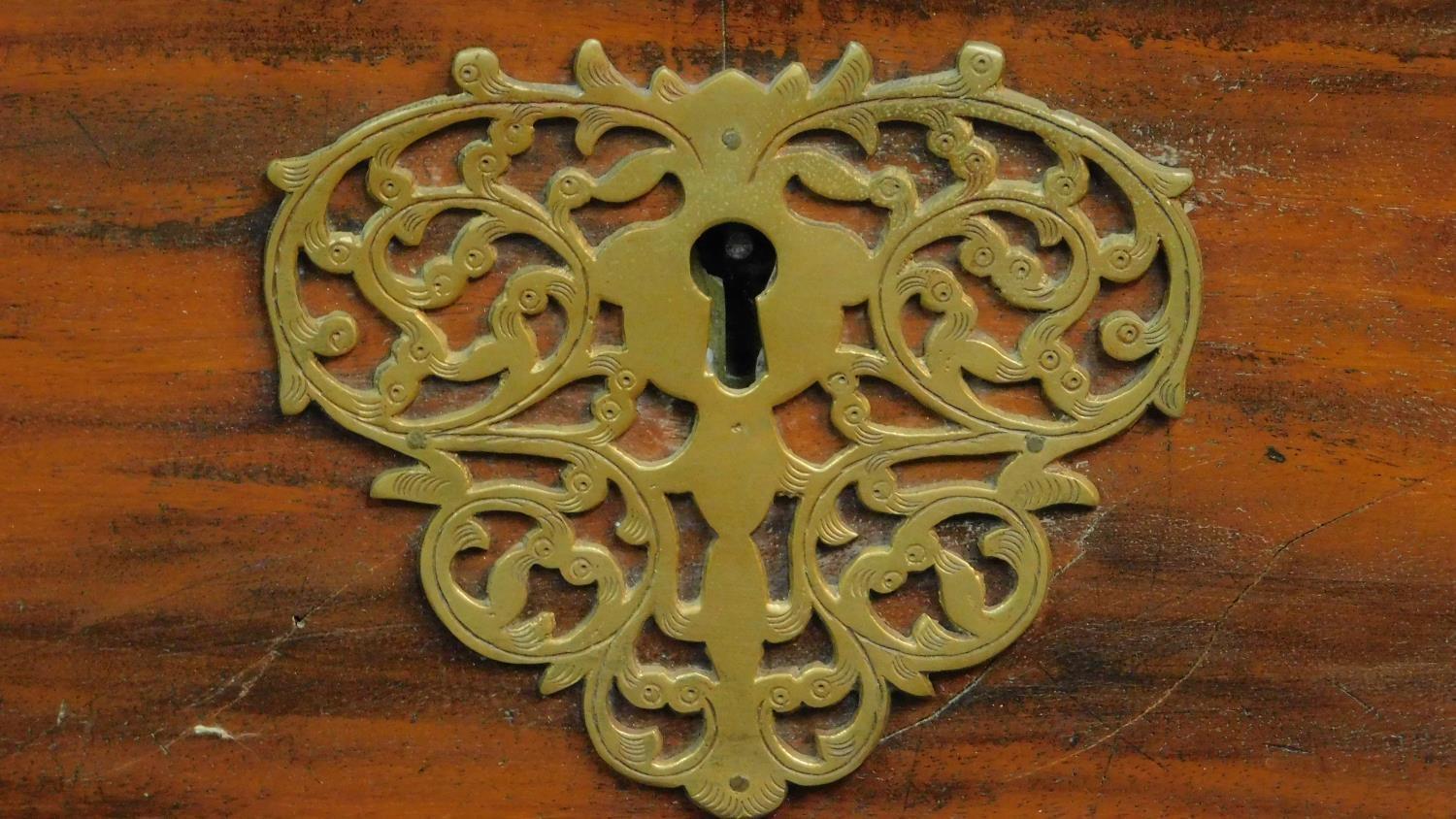 A 19th century Continental ebonised and fruitwood coffer with fret cut brass escutcheon, hinged - Image 3 of 11