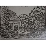 A gilt framed and glazed signed woodcut, Continental villa in a glade. H.29x35cm