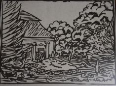 A gilt framed and glazed signed woodcut, Continental villa in a glade. H.29x35cm