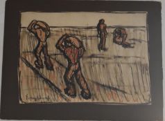 A framed and glazed ink sketch, men labouring, signed. H.92x65cm