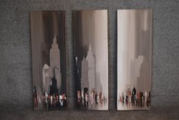 A set of three unframed oils on canvas, New York street scenes. H.92x30cm