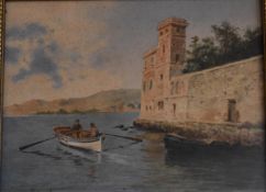 A gilt framed and glazed watercolour, Italian palace on a lagoon. H.25x30cm