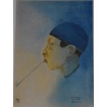 A gilt framed and glazed watercolour, portrait of a man smoking a pipe, signed. 55x45cm