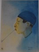 A gilt framed and glazed watercolour, portrait of a man smoking a pipe, signed. 55x45cm