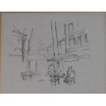 A 20th century framed and glazed ink sketch, street cafe, unsigned. H.35x37cm
