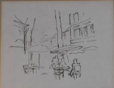 A 20th century framed and glazed ink sketch, street cafe, unsigned. H.35x37cm