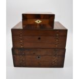A 19th century burr walnut and crossbanded jewellery box snd two other 19th century Tunbridgeware