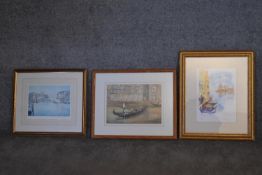 A framed and glazed watercolour of a Venetian canal scene, another similar and a print of Venice.