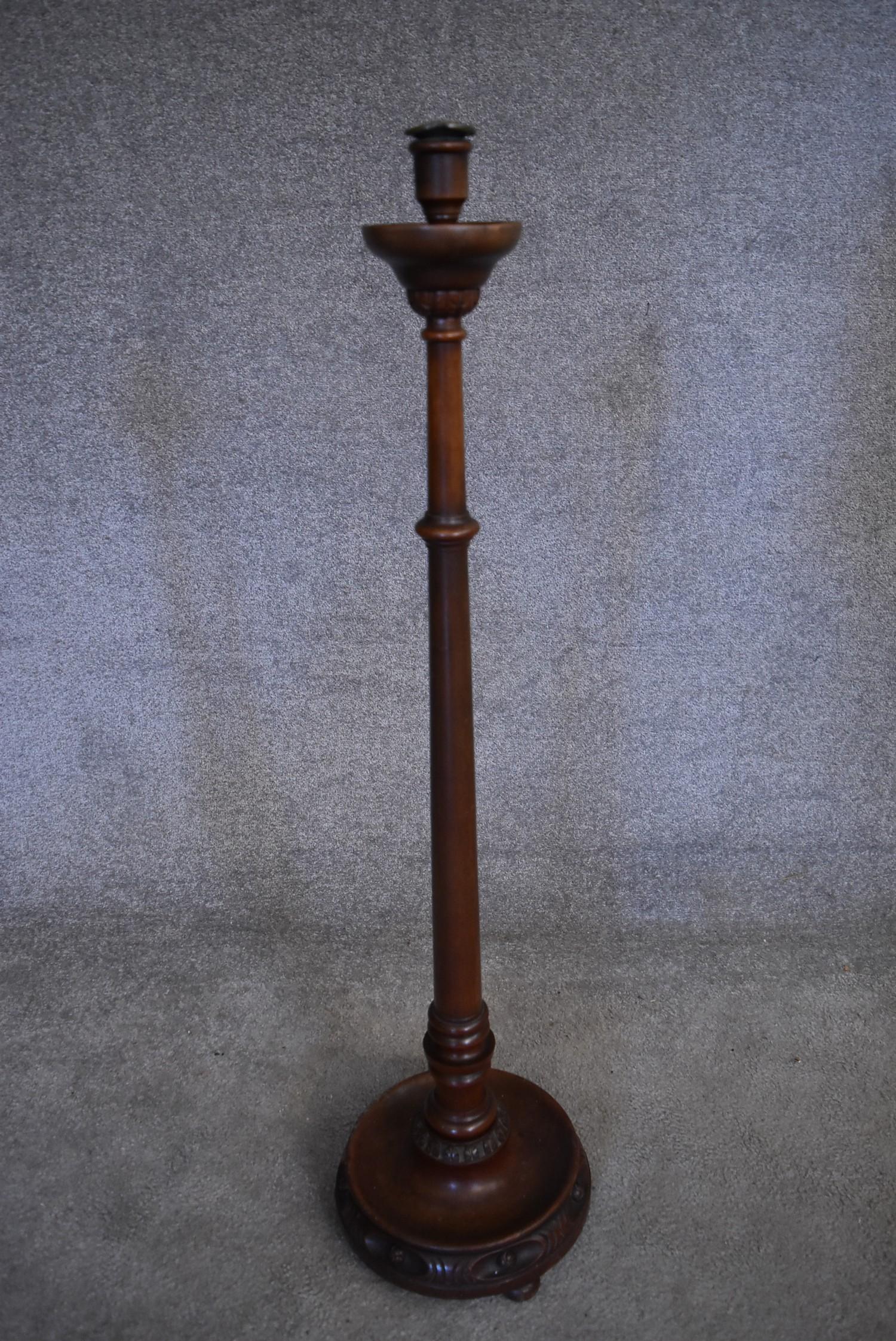 A wrought iron floor standing pricket candlestick and a turned wooden example. H.100cm - Image 5 of 6