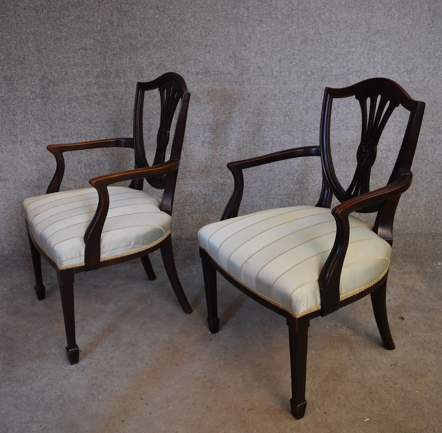 A pair of mahogany Hepplewhite style armchairs with striped damask stuffover seats on tapering - Image 2 of 3