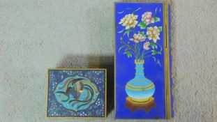 Two Meji period Japanese Cloisonne enamel boxes. One gilt bronze box on four raised feet with a