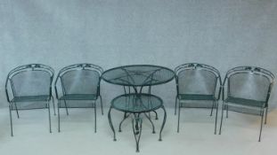 A set of four painted green contemporary metal garden chairs together with matching table and coffee