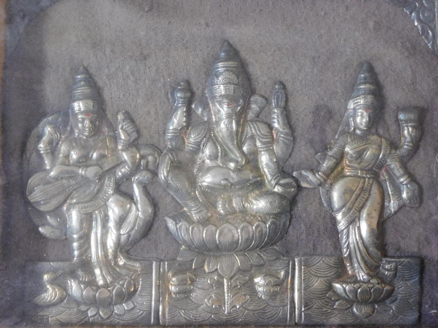 An antique framed and glazed engraved relief picture of Indian deities in white metal. Stamped to - Image 2 of 4