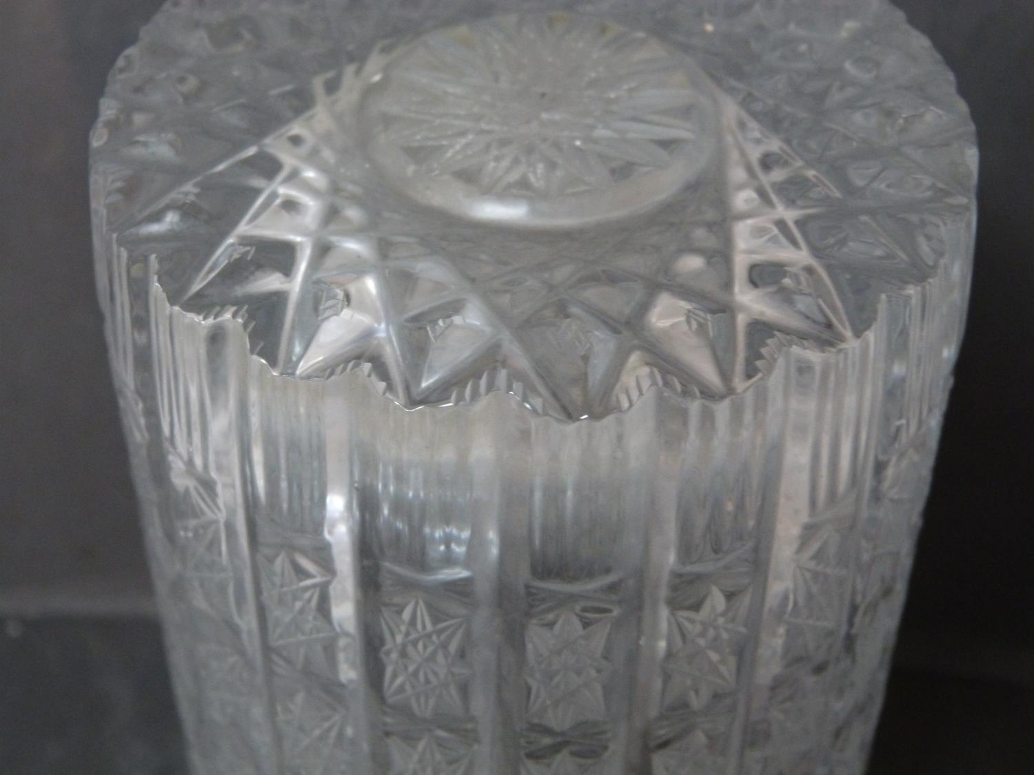 A ribbed antique Bohemian star cut engraved crystal vase with a zig zag edge. h29.5cm. - Image 9 of 9