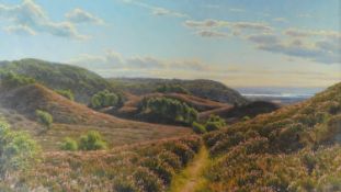 A framed oil on canvas of a heathland landscape, indistinctly signed. 79x58cm