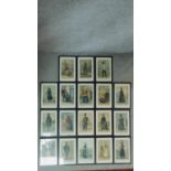 A set of eighteen framed and glazed antique coloured prints depicting clothing fashions from