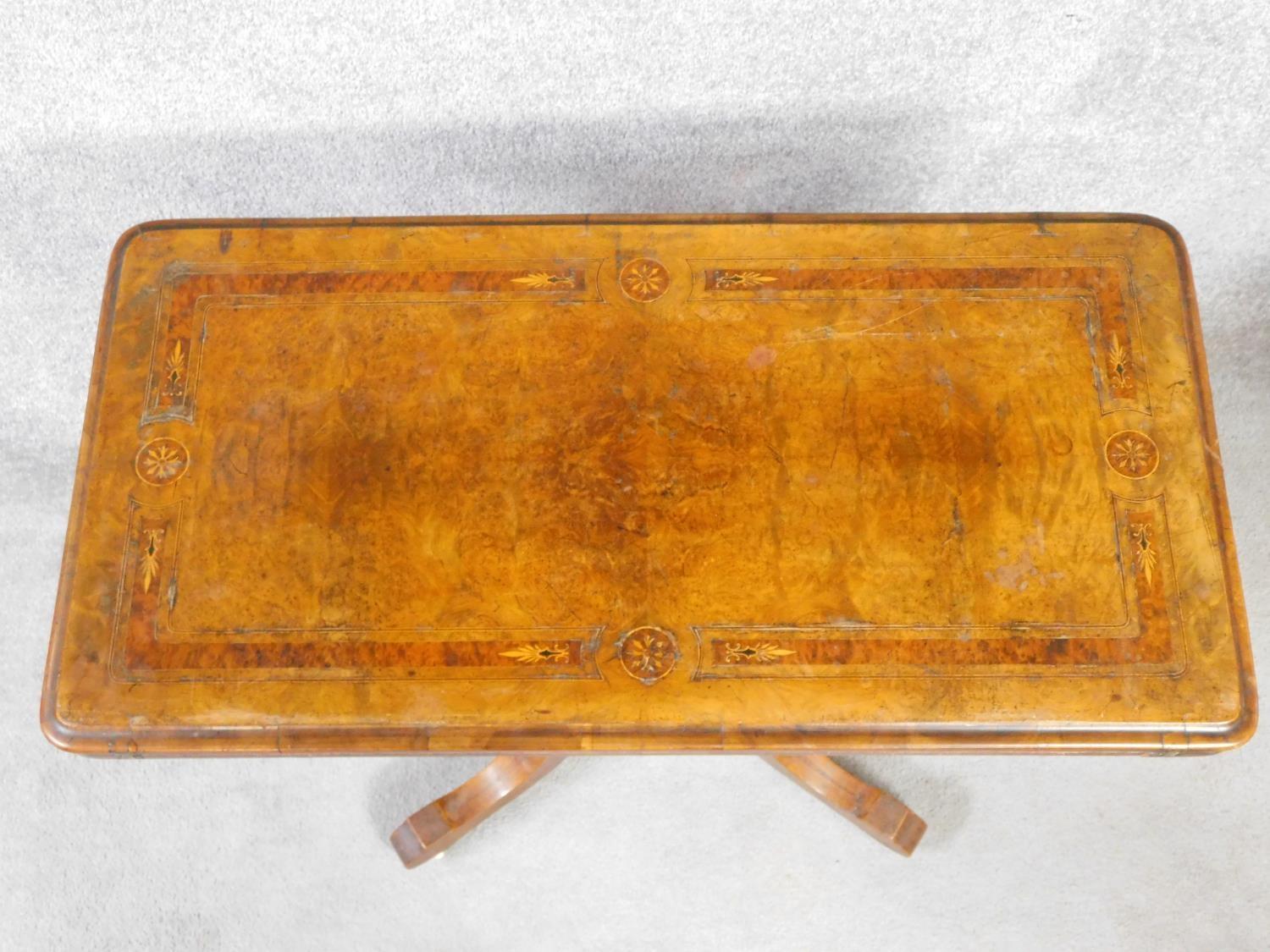 A Victorian burr walnut and satinwood inlaid card table with foldover top on quadruped column - Image 4 of 7
