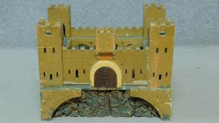 An vintage painted wooden handmade Fort David miniature castle, built by David Hughes. H.43 W.56 D.